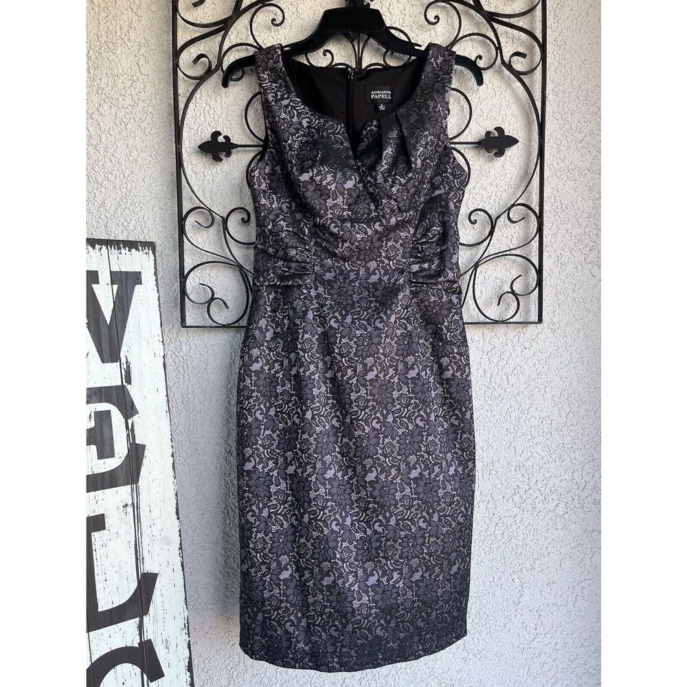 Adrianna Papell Floral Lace Illusion Sheath Dress - Size 8 - Purple/ Black